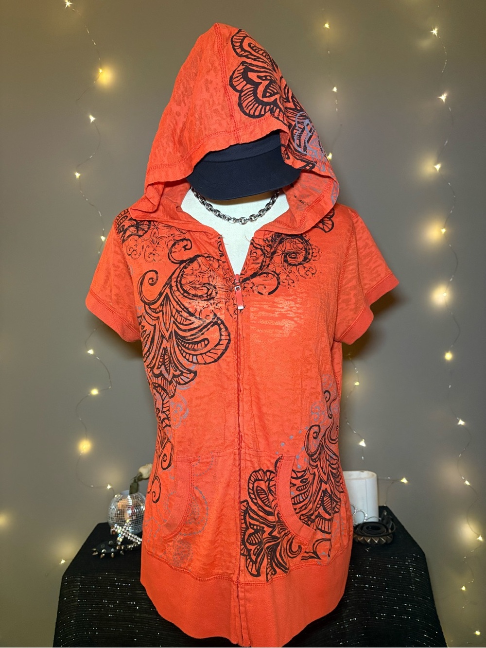 Orange Short-Sleeve Zip Hoodie with Black and grey print